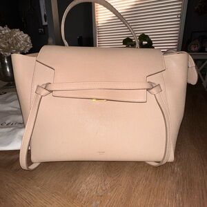 CELINE Medium Belt Bag Taupe Grained Calfskin Top Handle Satchel Authentic